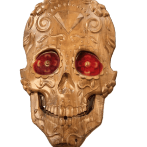 Decorative skull with red eye accents.